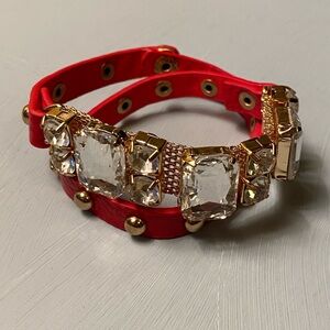 Red Faux Leather & Rhinestone Studded Wrap Bracelet